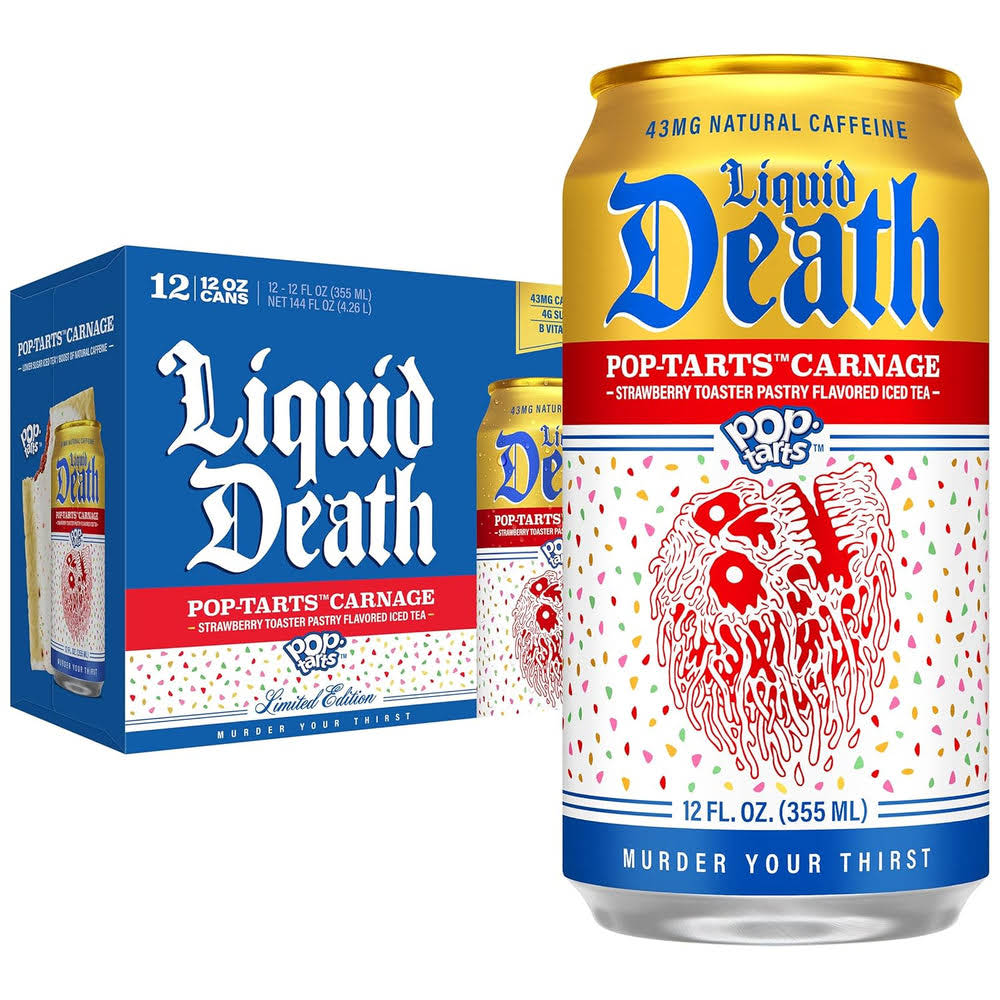 Liquid DeathQ Iced Tea, Pop-Tarts™ Carnage (Pop-Tarts® Frosted Strawberry Toaster Pastry Flavored Black Tea), Less Sugar*, Boost of Caffeine, B Vitamins, No Artificial Sweeteners, 12 Fl Oz (Pack of 12)