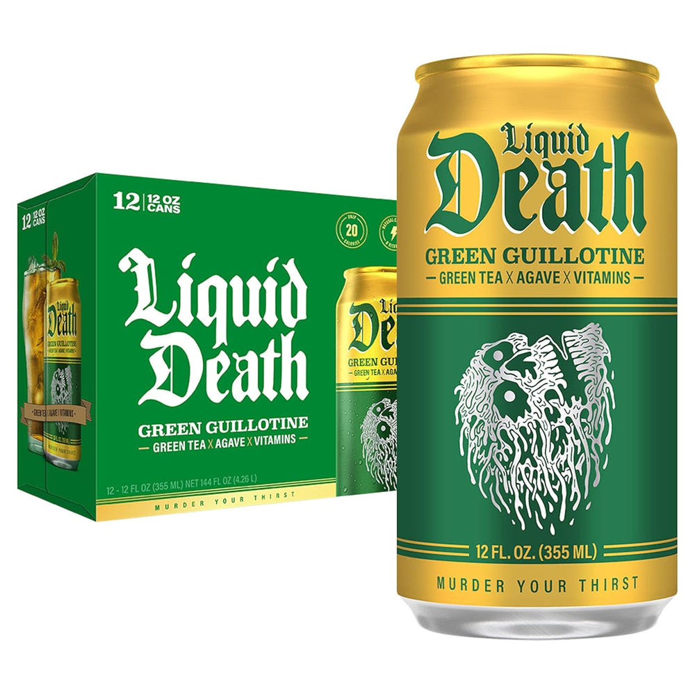 Liquid DeathQ Iced Tea – Green Guillotine (Green Tea), Less Sugar*, Boost of Caffeine, B Vitamins, No Artificial Sweeteners, 12 Fl Oz (Pack of 12)