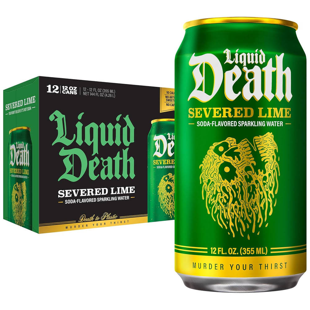 Liquid DeathQ Soda-Flavored Sparkling Water – Severed Lime (Classic Lime Soda), Less Sugar*, Huge Flavor, No Caffeine, No Artificial Sweeteners, 12 Fl Oz (Pack of 12)