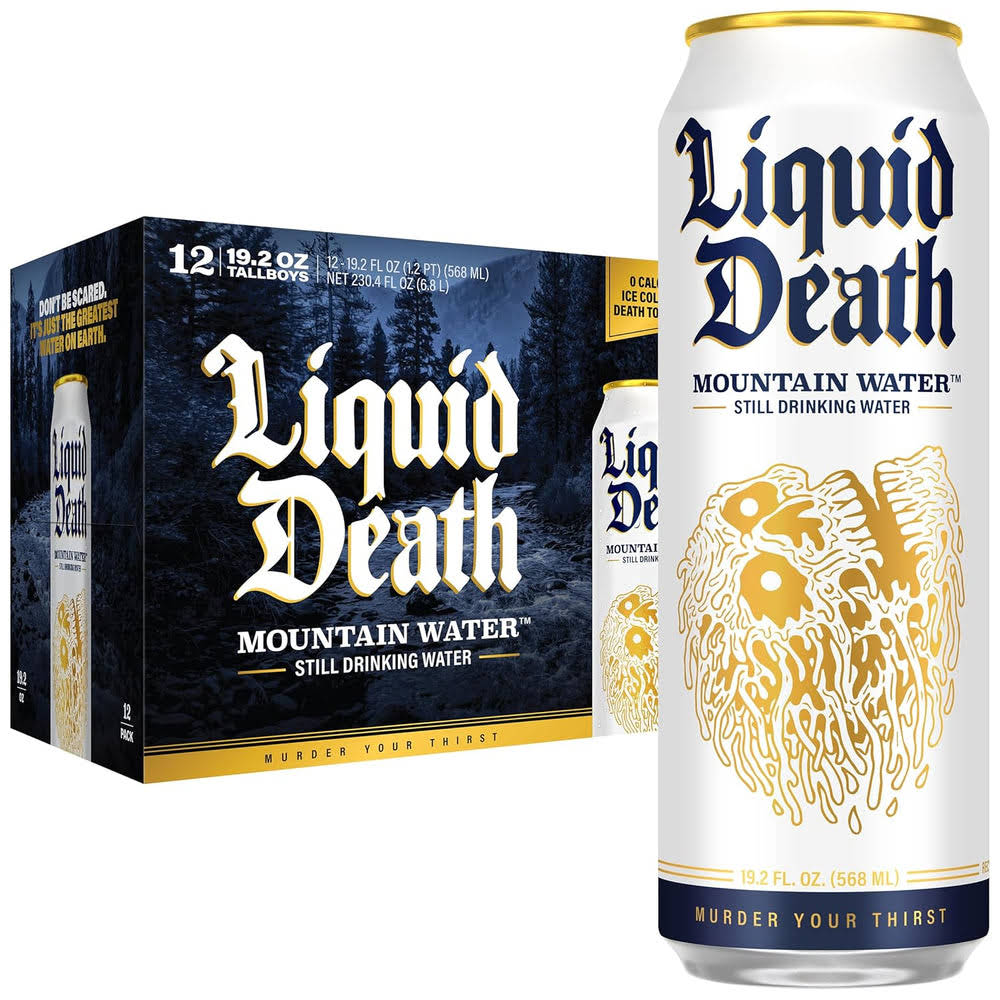Liquid DeathQ Still Mountain Water, Real Mountain Source, Ice-Cold Cans, Infinitely Recyclable, King Size 19.2 Fl Oz (Pack of 12)