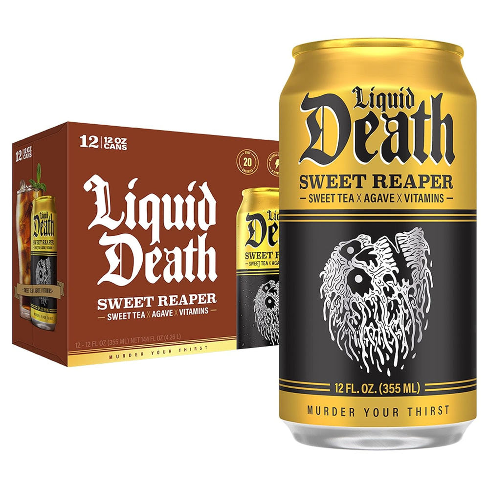 Liquid DeathQ Iced Tea – Sweet Reaper (Black Sweet Tea), Less Sugar*, Boost of Caffeine, B Vitamins, No Artificial Sweeteners, 12 Fl Oz (Pack of 12)