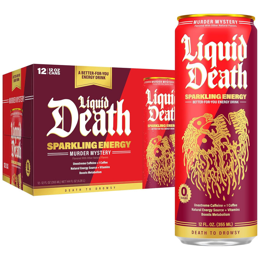 Liquid DeathQ Sparkling Energy – Murder Mystery (Cherry, Cream, Spice), Zero Sugar Energy Drink, Unextreme Caffeine 100mg, Essential Vitamins, 12 Fl Oz (Pack of 12)