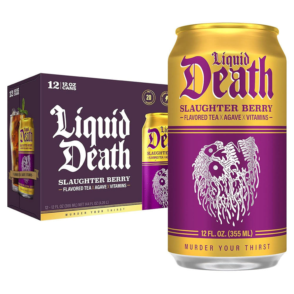 Liquid DeathQ Iced Tea – Slaughter Berry (Raspberry-Flavored Black Tea), Less Sugar*, Boost of Caffeine, B Vitamins, No Artificial Sweeteners, 12 Fl Oz (Pack of 12)