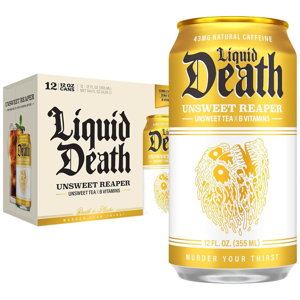 Liquid DeathQ Iced Tea – Unsweet Reaper, Less Sugar*, Boost of Caffeine, B Vitamins, No Artificial Sweeteners, 12 Fl Oz (Pack of 12)