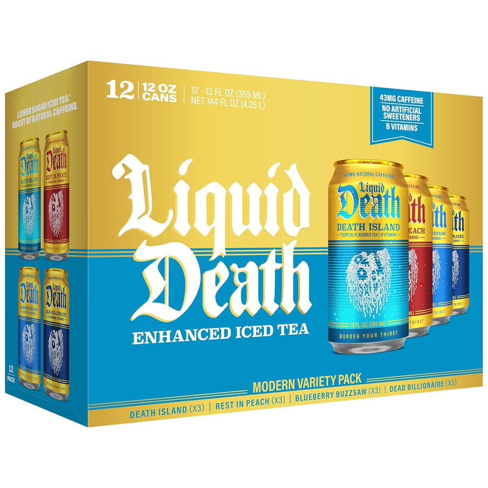Liquid DeathQ Iced Tea – Modern Variety, Less Sugar*, Boost of Caffeine, B Vitamins, No Artificial Sweeteners, 4 Flavors: Tea/Lemonade, Rest in Peach, Death Island, Blueberry Buzzsaw, 12 Fl Oz (Pack of 12)