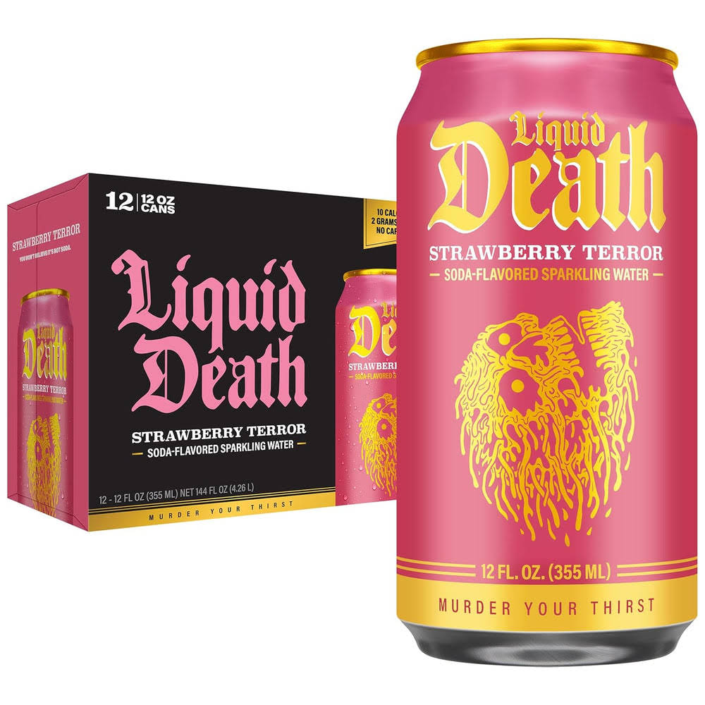 Liquid DeathQ Soda-Flavored Sparkling Water – Strawberry Terror, Less Sugar*, Huge Flavor, No Caffeine, No Artificial Sweeteners, 12 Fl Oz (Pack of 12)