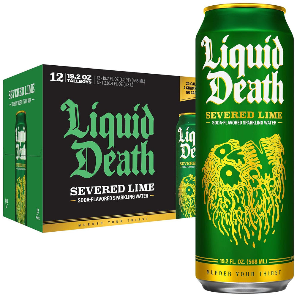 Liquid DeathQ Soda-Flavored Sparkling Water – Severed Lime (Classic Lime Soda), Less Sugar*, Huge Flavor, No Artificial Sweeteners, King Size 19.2 Fl Oz (Pack of 12)