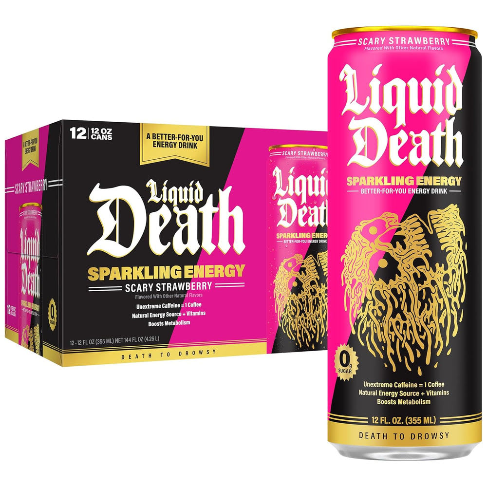 Liquid DeathQ Sparkling Energy – Scary Strawberry, Zero Sugar Energy Drink, Unextreme Caffeine 100mg, Essential Vitamins, 12 Fl Oz (Pack of 12)