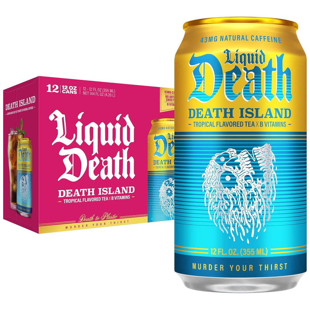 Liquid DeathQ Iced Tea – Death Island (Tropical-Flavored Black Tea), Less Sugar*, Boost of Caffeine, B Vitamins, No Artificial Sweeteners, 12 Fl Oz (Pack of 12)