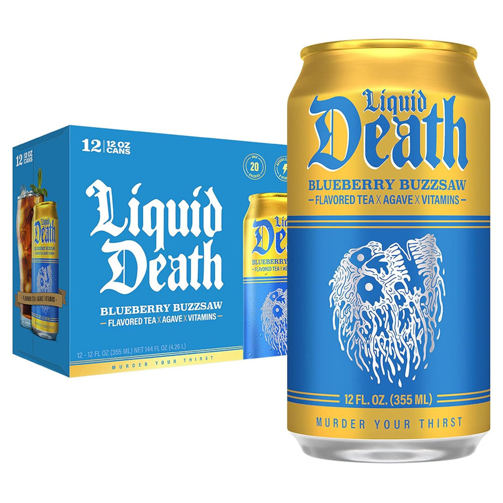 Liquid DeathQ Iced Tea – Blueberry Buzzsaw (Blueberry-Flavored Black Tea), Less Sugar*, Boost of Caffeine, B Vitamins, No Artificial Sweeteners, 12 Fl Oz (Pack of 12)