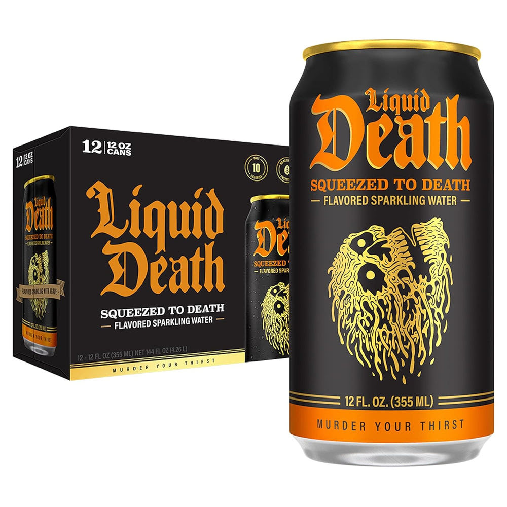 Liquid DeathQ Soda-Flavored Sparkling Water – Squeezed To Death (Classic Orange Soda), Less Sugar*, Huge Flavor, No Caffeine, No Artificial Sweeteners, 12 Fl Oz (Pack of 12)