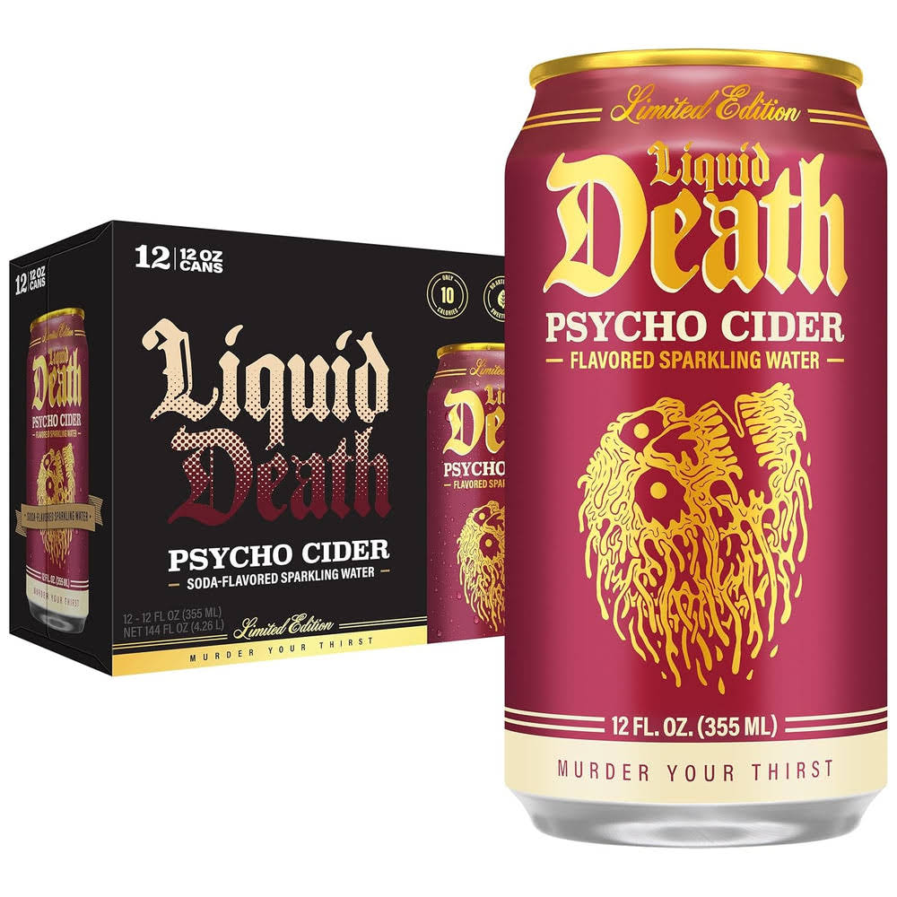 Liquid DeathQ Soda-Flavored Sparkling Water – Psycho Cider (Apple Cinnamon), Less Sugar*, Huge Flavor, No Caffeine, No Artificial Sweeteners, 12 Fl Oz (Pack of 12)