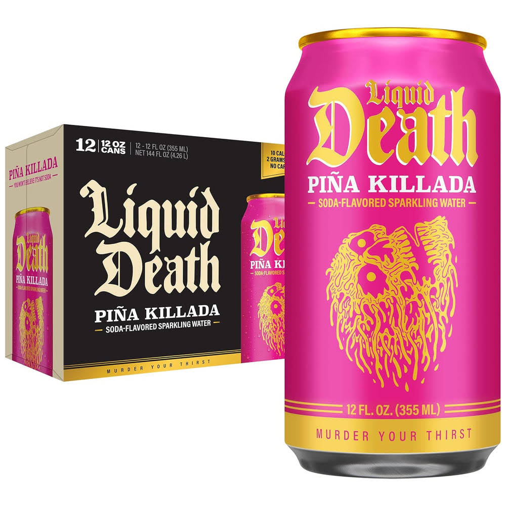 Liquid DeathQ Soda-Flavored Sparkling Water – Piña Killada (Classic Piña Colada), Less Sugar*, Huge Flavor, No Caffeine, No Artificial Sweeteners, 12 Fl Oz (Pack of 12)