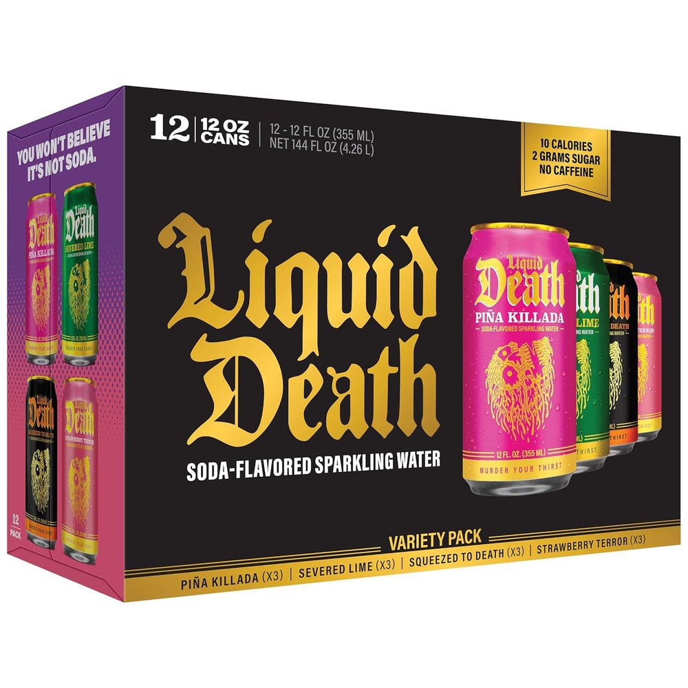 Liquid DeathQ Soda-Flavored Sparkling Water – Modern Variety, Less Sugar*, Huge Flavor, No Caffeine, No Artificial Sweeteners, 4 Flavors: Lime, Orange, Strawberry, Piña Killada 12 Fl Oz (Pack of 12)
