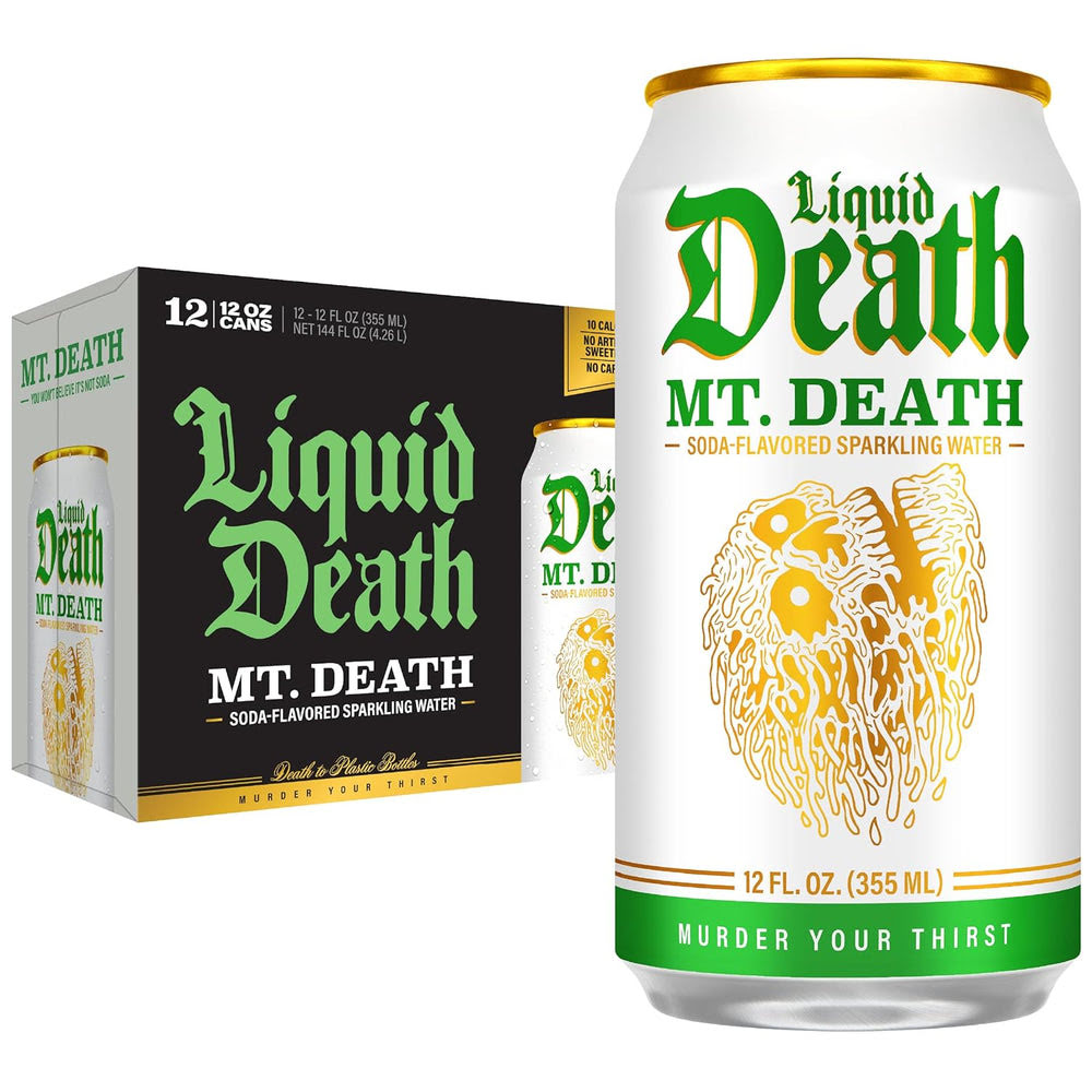 Liquid DeathQ Soda-Flavored Sparkling Water – MT. DEATH, Less Sugar*, Huge Flavor, No Caffeine, No Artificial Sweeteners, 12 Fl Oz (Pack of 12)