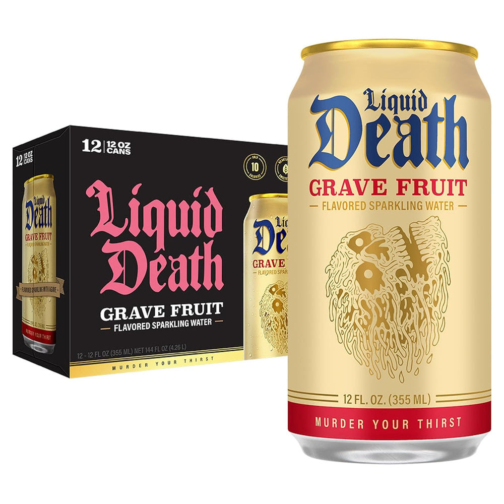 Liquid DeathQ Soda-Flavored Sparkling Water – Grave Fruit (Grapefruit Flavor), Less Sugar*, Huge Flavor, No Caffeine, No Artificial Sweeteners, 12 Fl Oz (Pack of 12)