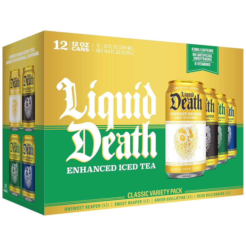 Liquid DeathQ Iced Tea – Classic Variety, Less Sugar*, Boost of Caffeine, B Vitamins, No Artificial Sweeteners, 4 Flavors: Tea/Lemonade, Unsweet Reaper, Sweet Reaper, Green Guillotine, 12 Fl Oz (Pack of 12)