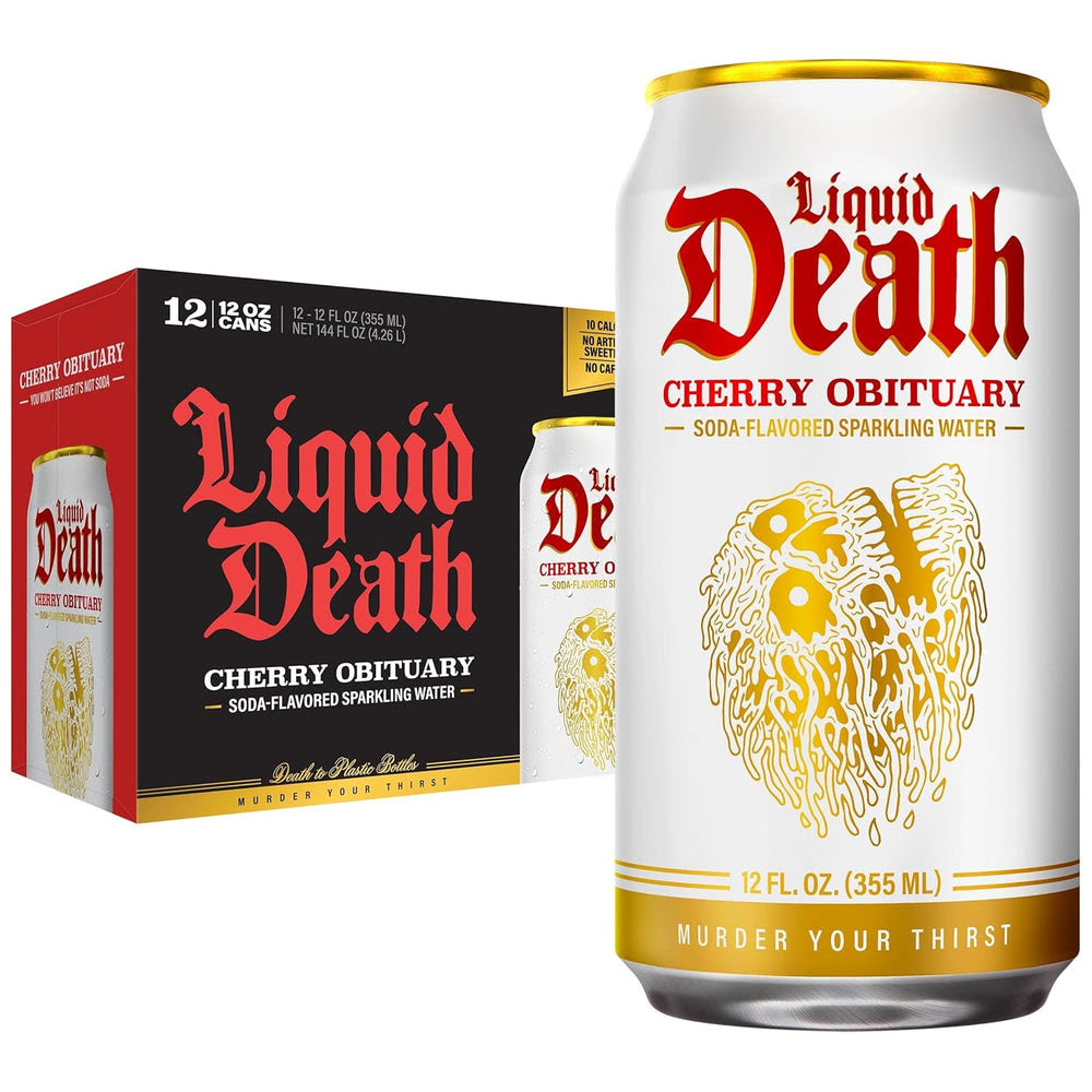 Liquid DeathQ Soda-Flavored Sparkling Water – Cherry Obituary, Less Sugar*, Huge Flavor, No Caffeine, No Artificial Sweeteners, 12 Fl Oz (Pack of 12)