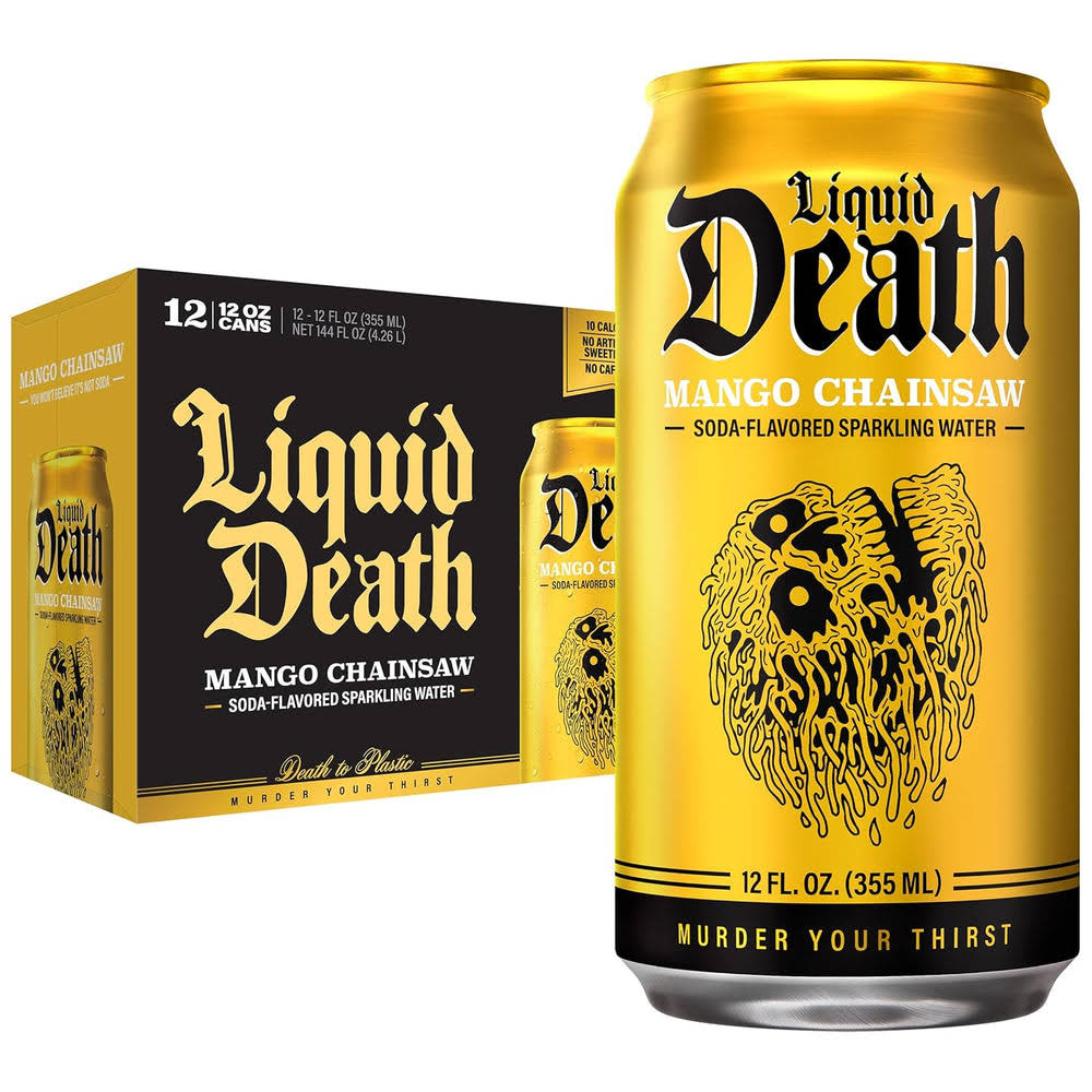 Liquid DeathQ Soda-Flavored Sparkling Water – Mango Chainsaw (Mango Orange), Less Sugar*, Huge Flavor, No Caffeine, No Artificial Sweeteners, 12 Fl Oz (Pack of 12)