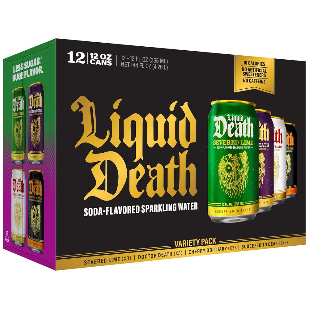 Liquid DeathQ Soda-Flavored Sparkling Water – Fan Favorites Variety, Less Sugar*, Huge Flavor, No Caffeine, No Artificial Sweeteners, 4 Flavors: Lime, Doctor Death, Cherry, and Orange, 12 Fl Oz (Pack of 12)