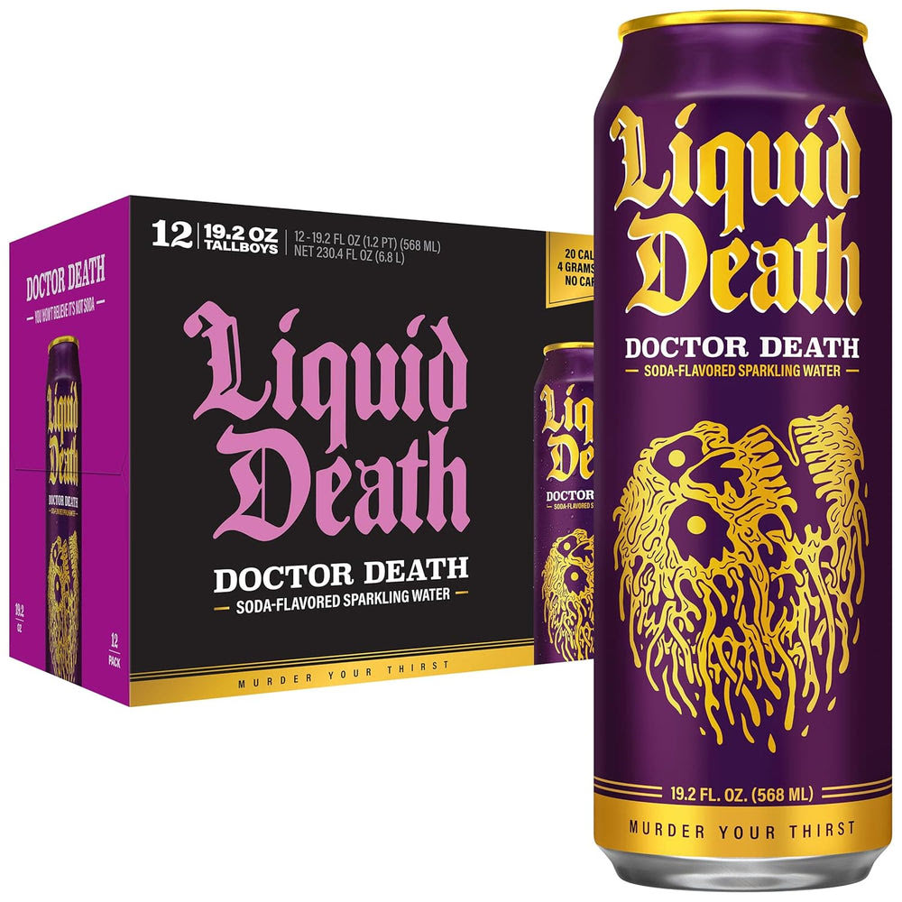 Liquid DeathQ Soda-Flavored Sparkling Water – Doctor Death (Cherry, Cream, Spice), Less Sugar*, Huge Flavor, No Caffeine, No Artificial Sweeteners, King Size 19.2 Fl Oz (Pack of 12)