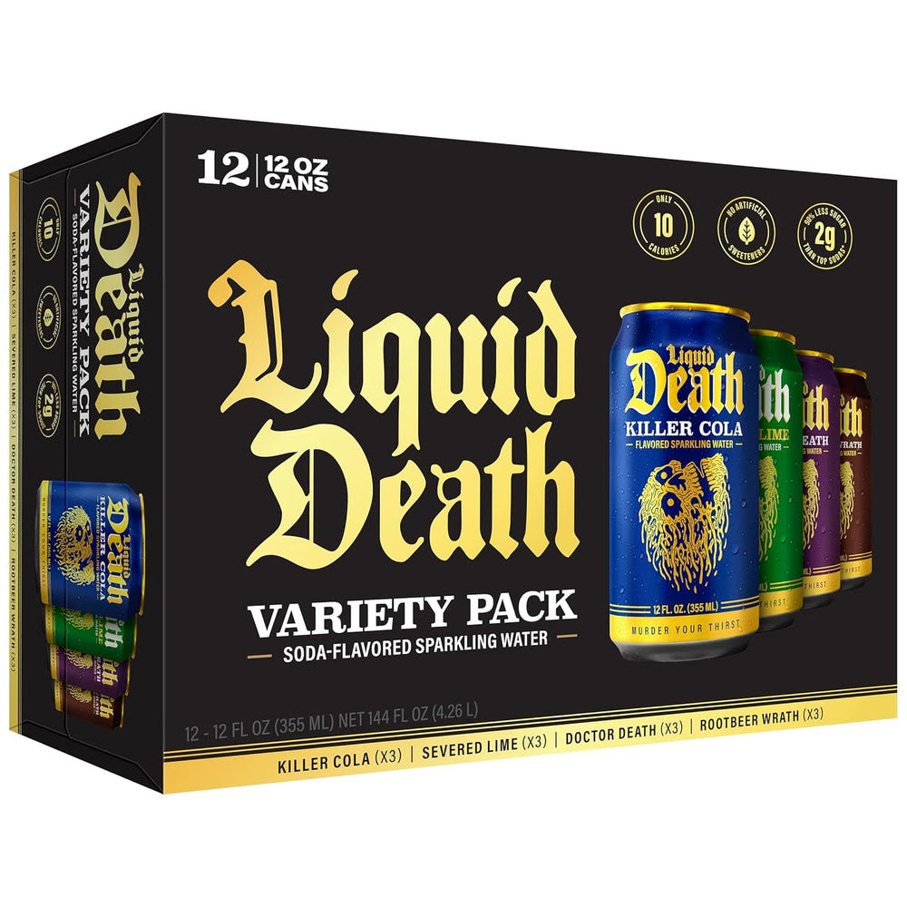 Liquid DeathQ Soda-Flavored Sparkling Water – Classic Variety, Less Sugar*, Huge Flavor, No Caffeine, No Artificial Sweeteners, 4 Flavors: Lime, Doctor Death, Cola, Root Beer, 12 Fl Oz (Pack of 12)