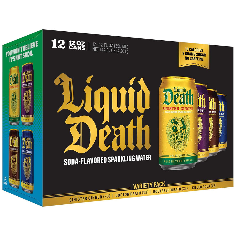 Liquid DeathQ Soda-Flavored Sparkling Water – Classic Variety 2, Less Sugar*, Huge Flavor, No Artificial Sweeteners, 4 Flavors: Sinister Ginger, Doctor Death, Cola, Root Beer, 12 Fl Oz (Pack of 12)