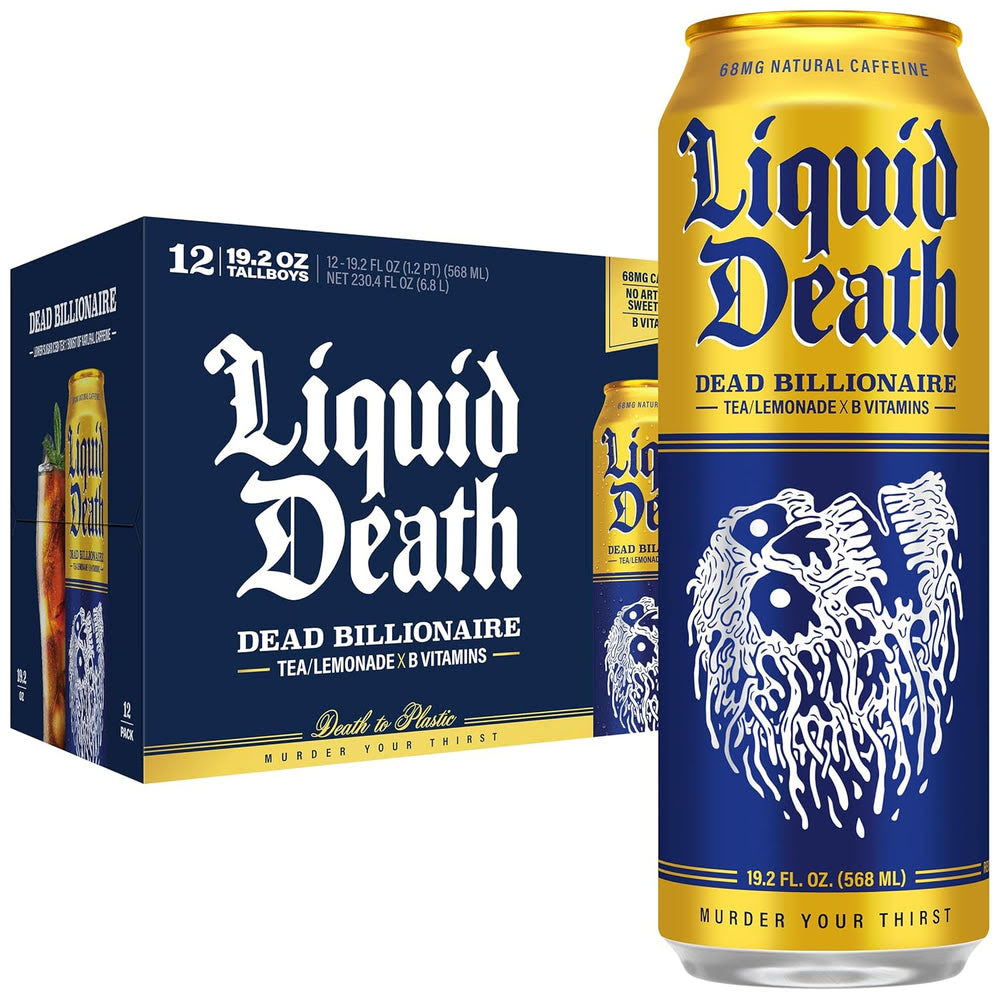 Liquid DeathQ Iced Tea – Dead Billionaire (Black Tea/Lemonade), Less Sugar*, Boost of Caffeine, B Vitamins, No Artificial Sweeteners, King Size 19.2 Fl Oz (Pack of 12)