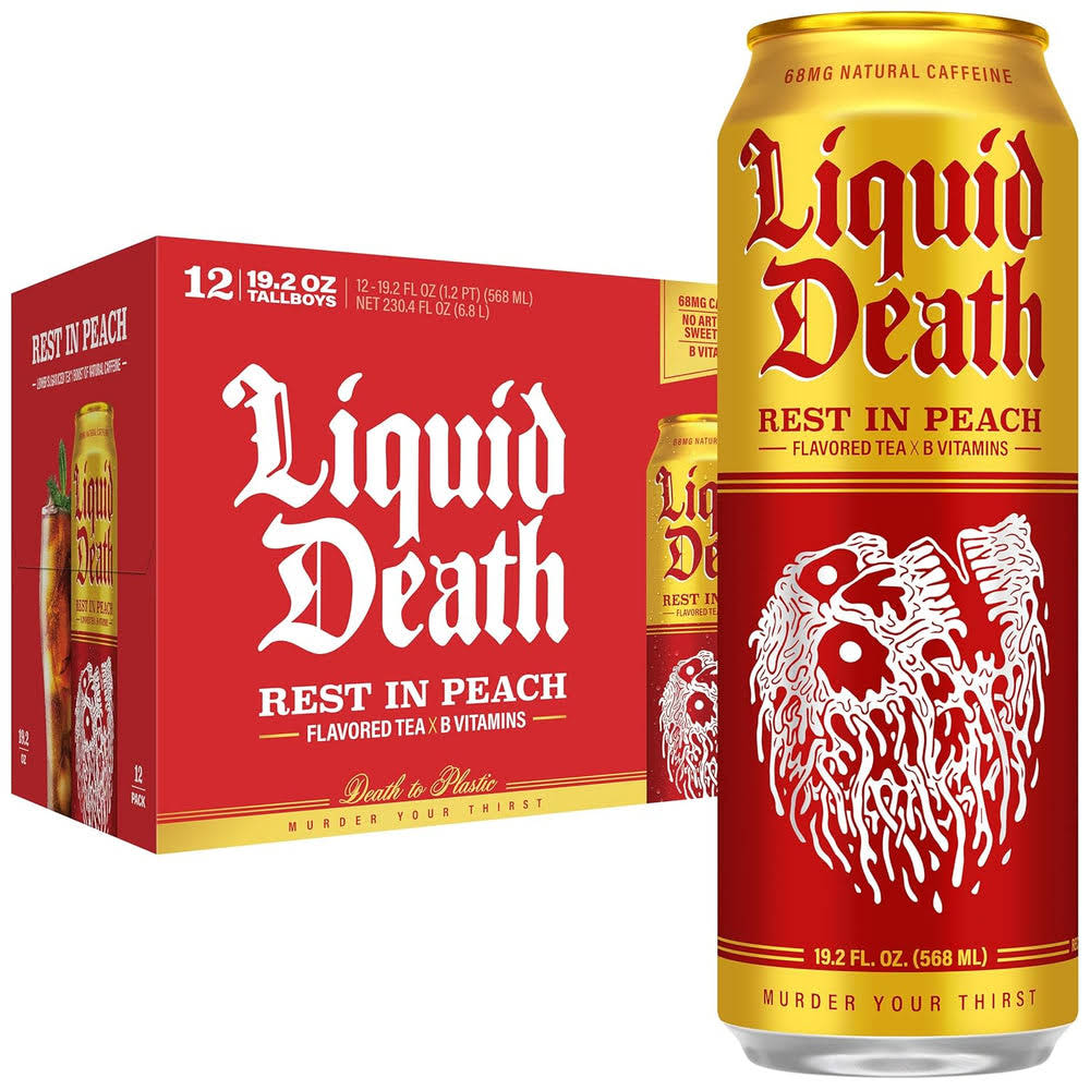Liquid DeathQ Iced Tea – Rest In Peach (Peach-Flavored Black Tea), Less Sugar*, Boost of Caffeine, B Vitamins, No Artificial Sweeteners, King Size 19.2 Fl Oz (Pack of 12)