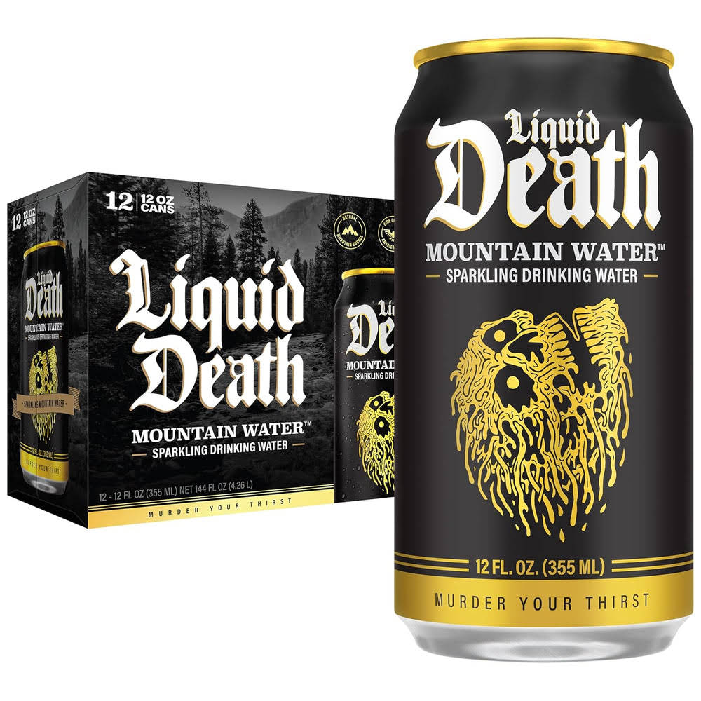 Liquid DeathQ Sparkling Mountain Water, Real Mountain Source, Ice-Cold Cans, Infinitely Recyclable, 12 Fl Oz (Pack of 12)