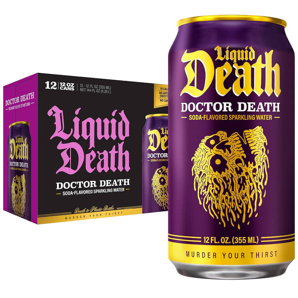 Liquid DeathQ Soda-Flavored Sparkling Water – Doctor Death (Cherry, Cream, Spice), Less Sugar*, Huge Flavor, No Caffeine, No Artificial Sweeteners, 12 Fl Oz (Pack of 12)