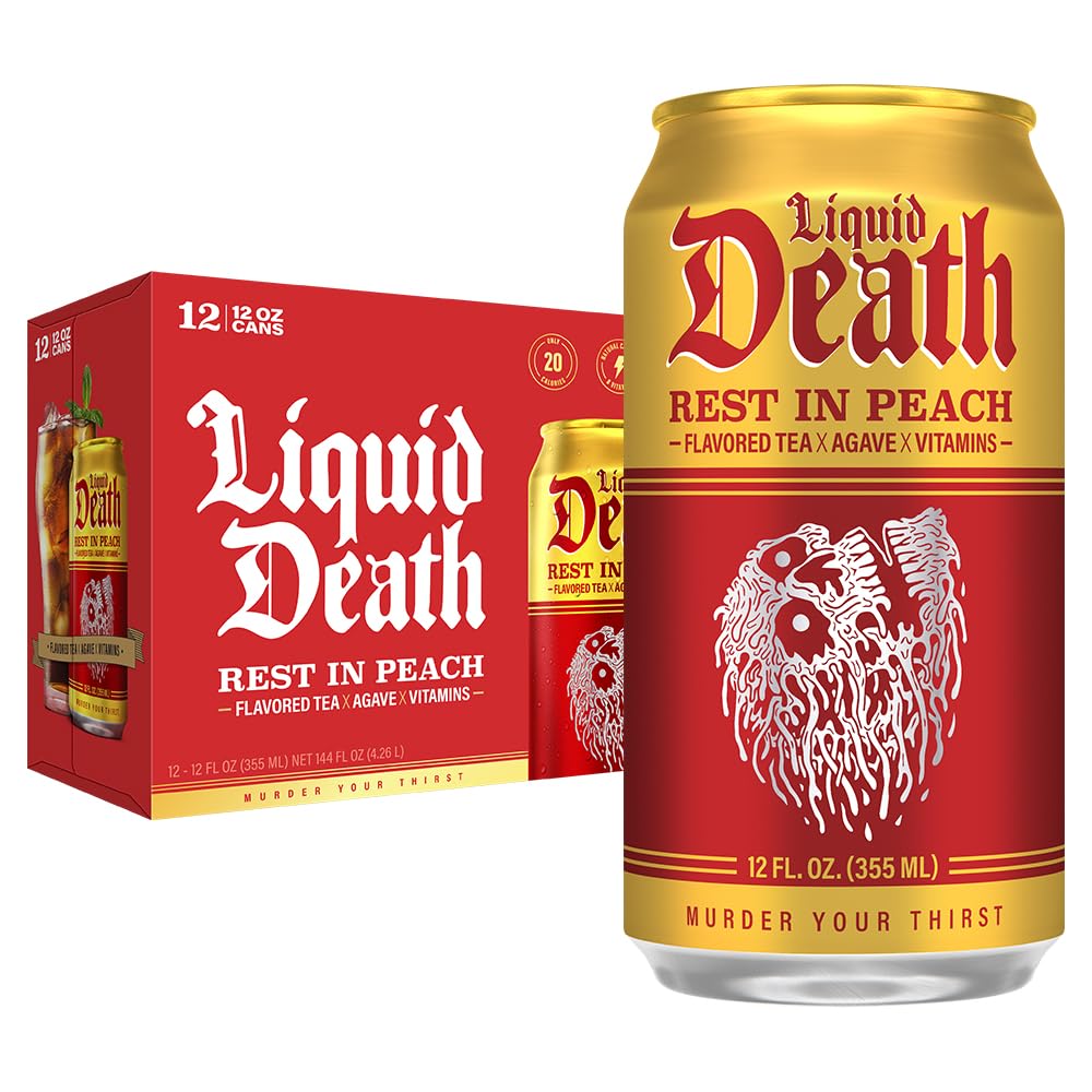 Liquid DeathQ Iced Tea – Rest In Peach (Peach-Flavored Black Tea), Less Sugar*, Boost of Caffeine, B Vitamins, No Artificial Sweeteners, 12 Fl Oz (Pack of 12)