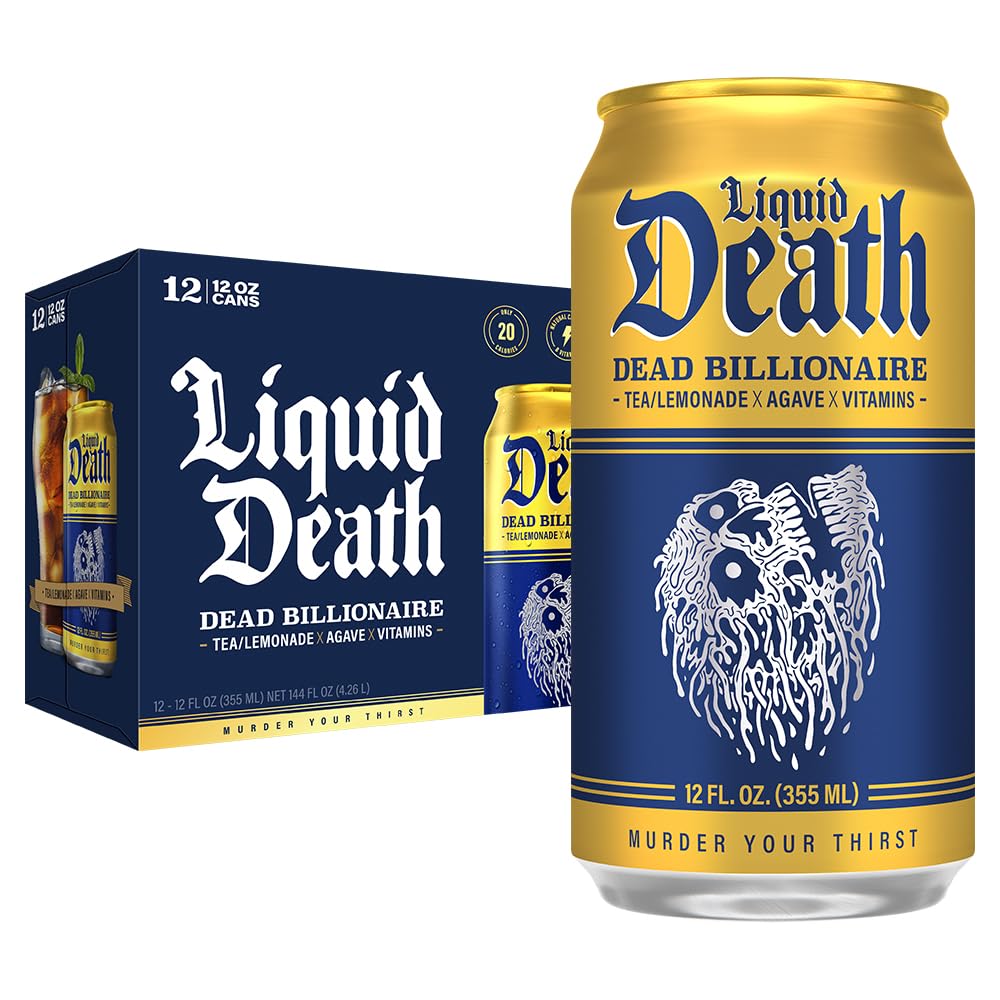 Liquid DeathQ Iced Tea – Dead Billionaire (Black Tea/Lemonade), Less Sugar*, Boost of Caffeine, B Vitamins, No Artificial Sweeteners, 12 Fl Oz (Pack of 12)