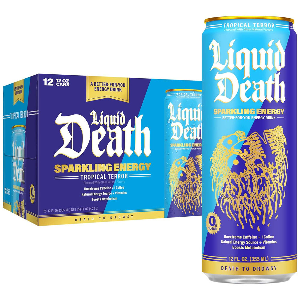 Liquid DeathQ Sparkling Energy – Tropical Terror (Classic Piña Colada), Zero Sugar Energy Drink, Unextreme Caffeine 100mg, Essential Vitamins, 12 Fl Oz (Pack of 12)