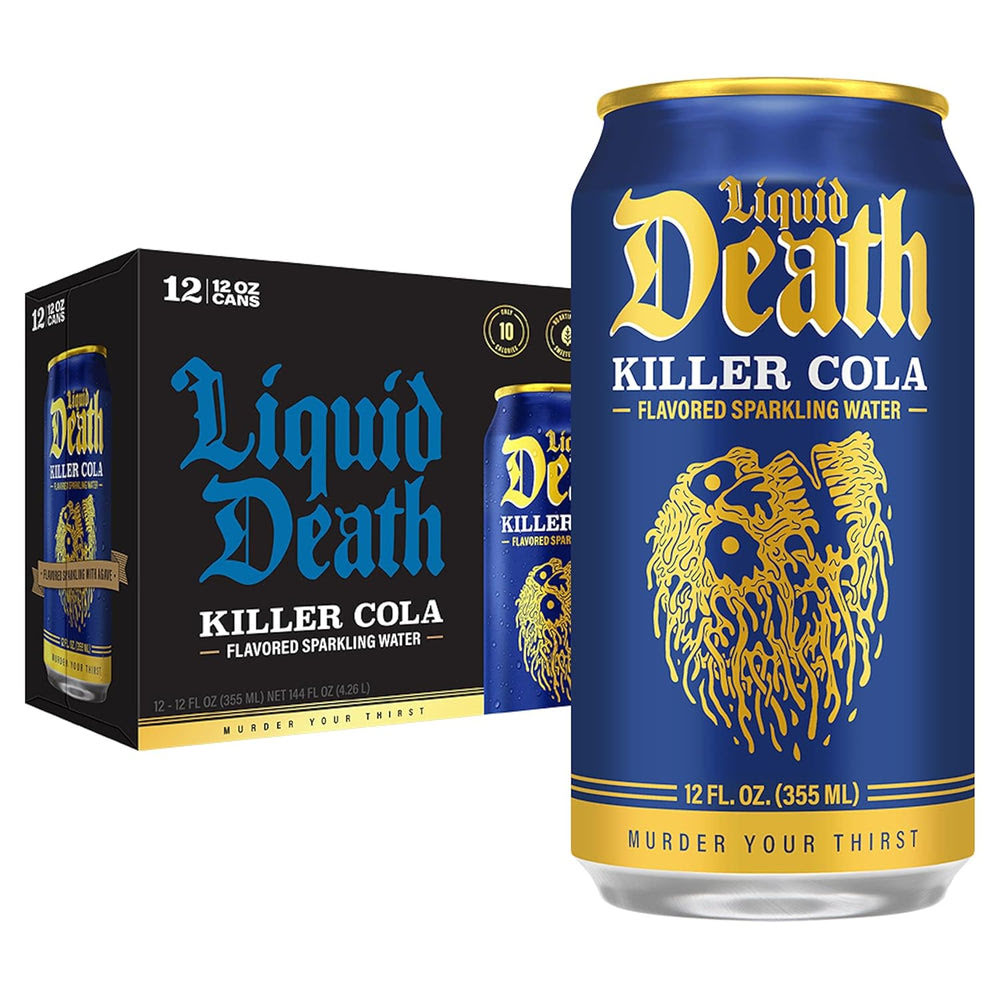 Liquid DeathQ Soda-Flavored Sparkling Water – Killer Cola, Less Sugar*, Huge Flavor, No Caffeine, No Artificial Sweeteners, 12 Fl Oz (Pack of 12)