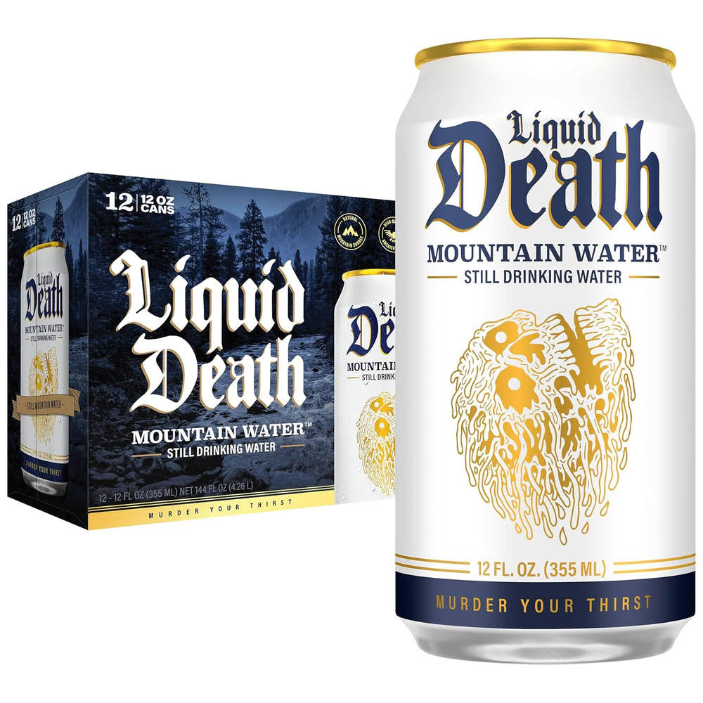 Liquid DeathQ Still Mountain Water, Real Mountain Source, Ice-Cold Cans, Infinitely Recyclable, 12 Fl Oz (Pack of 12)