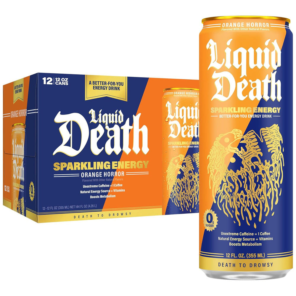 Liquid DeathQ Sparkling Energy – Orange Horror (Orange and Cream), Zero Sugar Energy Drink, Unextreme Caffeine 100mg, Essential Vitamins, 12 Fl Oz (Pack of 12)
