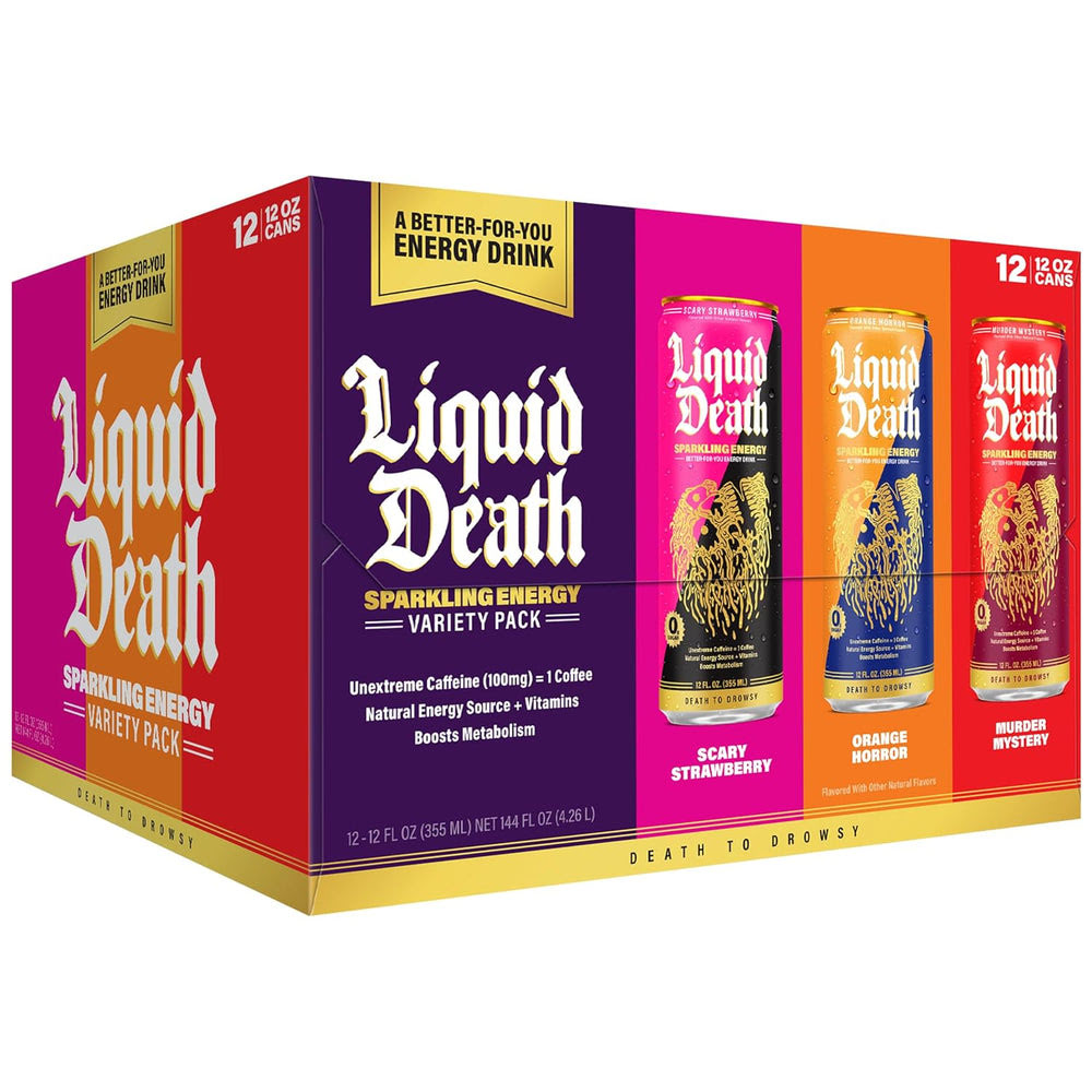 Liquid DeathQ Sparkling Energy Variety Pack, Zero Sugar Energy Drink, Unextreme Caffeine 100mg, Essential Vitamins, 3 Flavors: Strawberry, Orange, and Murder Mystery, 12 Fl Oz (Pack of 12)