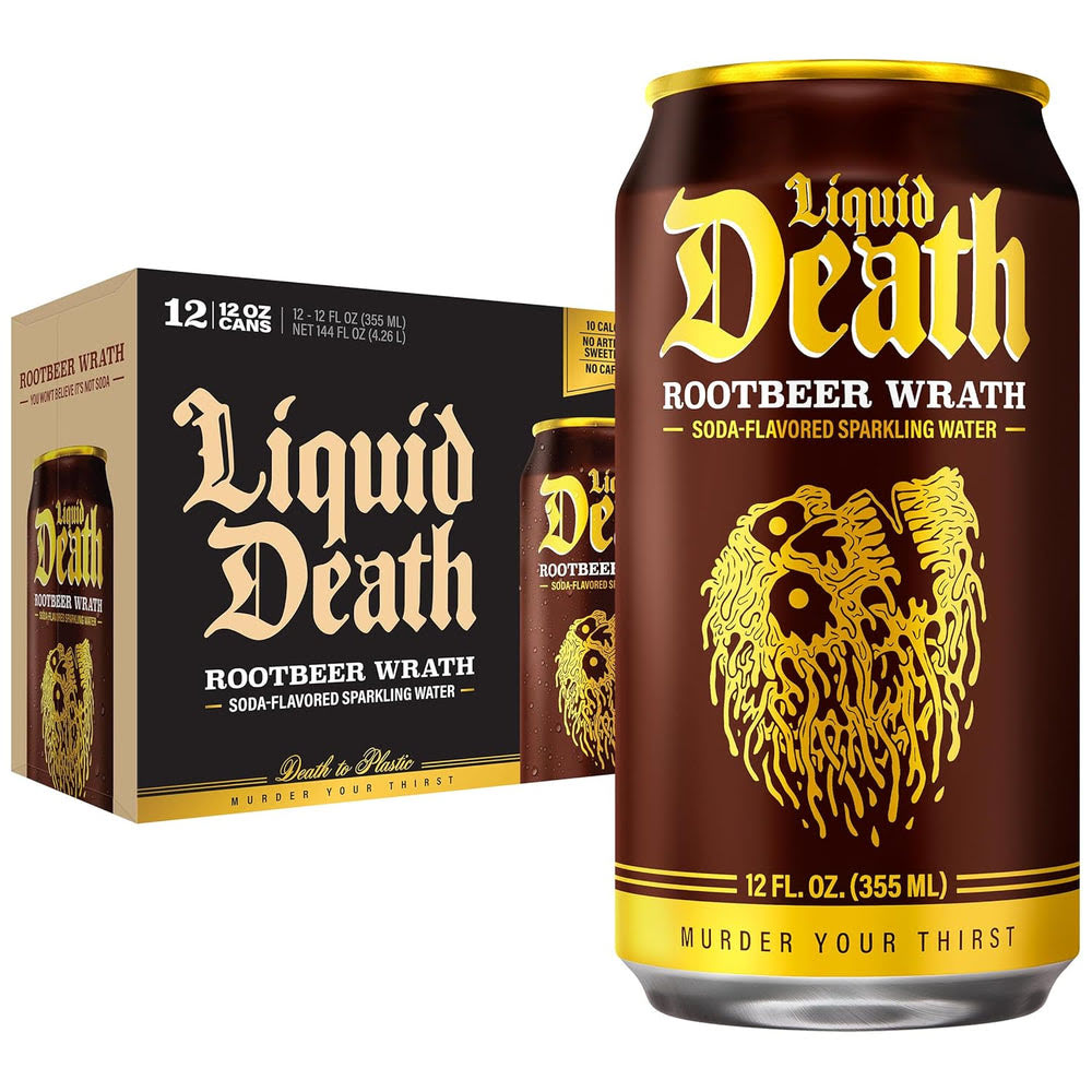 Liquid DeathQ Soda-Flavored Sparkling Water – Rootbeer Wrath, Less Sugar*, Huge Flavor, No Caffeine, No Artificial Sweeteners, 12 Fl Oz (Pack of 12)
